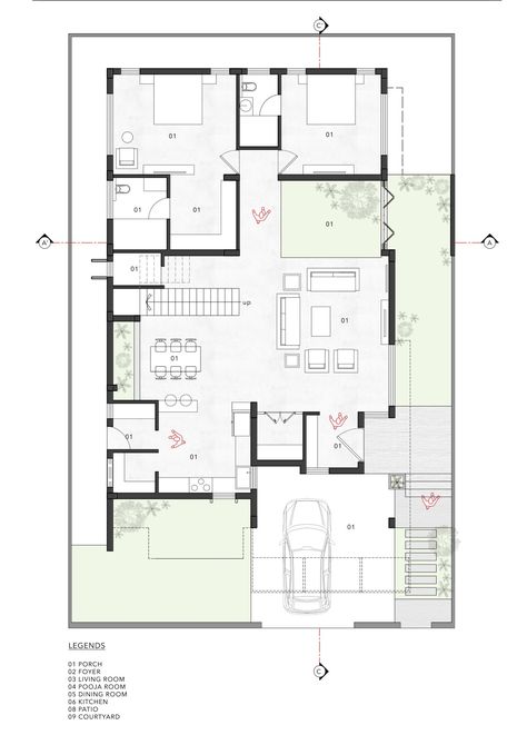 Ground Floor Plan of Neralu by Jalihal Associates House Elevation East Facing, 30x40 House Plans East Facing, Modern Villa Floor Plan, Villa Plan Architecture, 30 50 House Plans, Villa Plan Design, Residential House Floor Plan, Ground Floor House Design, Duplex House Elevation