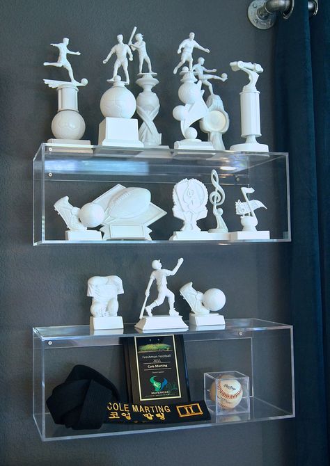 Spray paint misc trophies to unify the look. Repurposed Trophies, Vintage Sports Nursery, Painted Trophies, Trophy Ideas, Old Trophies, Mom Cave, Trophy Collection, Sports Nursery, Trophy Display