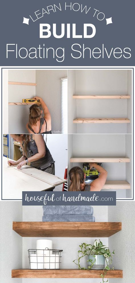 Make Your Own Floating Shelves, Diy Nook Shelves, Diy Floating Shelves Above Toilet, How To Do Built In Shelves, Bathroom Diy Shelves, Shelves In An Alcove, Making Floating Shelves How To Build, How To Build Alcove Shelves, Diy Floating Shelves In Nook