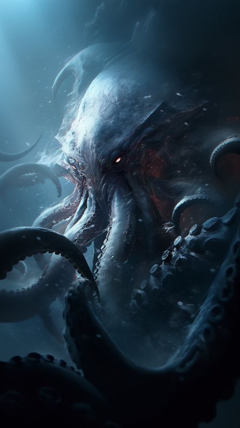 Dwelling in the dark cold depths of our oceans. The Kraken! Akin to squids, the gigantic masters of the sea are highly destructive and competent at carrying out their evil deeds! Capable of crushing the hull of a Galleons, wipe out entire islands and coasts, and cast old magic! Scary Sea Creatures, Kraken Monster, Sea Monster Art, Ocean Monsters, Kraken Art, Cthulhu Art, Sea Creatures Art, Cthulhu Mythos, Monster Concept Art