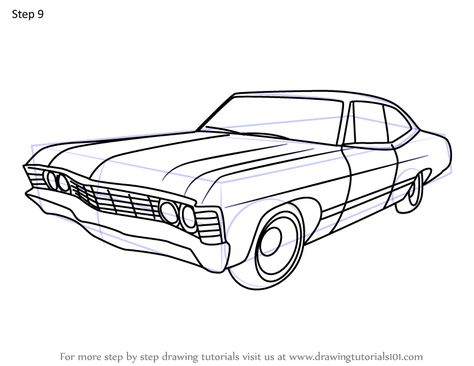 Learn How to Draw 1967 Chevrolet Impala (Vintage) Step by Step : Drawing Tutorials 67 Chevy Impala Drawing, Supernatural Impala Drawing, 1967 Chevy Impala Drawing, Impala 1967 Drawing, Impala Drawing, Impala Tattoo, Lowrider Drawings, Simple Car Drawing, Chevrolet Impala 1967