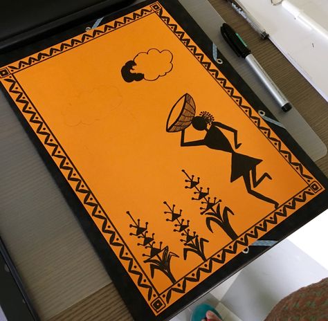 Warli painting done by Maa. Inspiration drawn from another painting on Pinterest Worli Painting Canvases, Warli Paintings Easy, Warli Paintings On Canvas, Warli Painting Ideas On Paper, Warli Art Easy, Warli Art Painting, Warli Paintings, Cartoons Krishna, Worli Painting