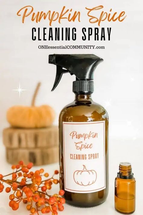 DIY Pumpkin Spice Cleaner {made with essential oils} --- Fill your home with the warm, cozy scent of pumpkin spice every time you clean your kitchen & bath with this natural, non-toxic cleaner. Use this all-purpose cleaner on countertops, cabinets, sinks, toilets, tubs, showers, tile floors, kitchen appliances, and more. Gets everything clean, sparkly, and shiny + has great fresh fall scent of pumpkin spice latte. {DIY cleaner, essential oil recipe, natural cleaner, doTERRA, Young Living} One Essential Community, Essential Oil Cleaner, Diy All Purpose Cleaner, Diy Cleaner, Diy Pumpkin Spice, Natural Cleaner, Fall Essential Oils, Dusting Spray, Homemade Cleaning Supplies