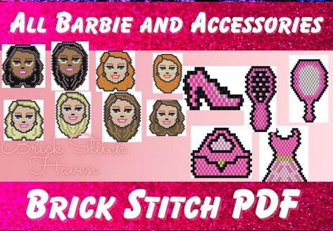 Barbie and Accessories Brick Stitch PDF This pattern is a digital download  This pattern includes: - Small and large barbie shoe - Barbie Dress  - Barbie Purse - Barbie Logo - Blonde Haired Barbie head with straight and curly hair  - Barbie Brush and Mirror  You will need size 11/0 seed beads to complete this pattern What you get... - a bead legend showing which colour of beads go where  - a word chart with each line of the pattern  - a picture of the pattern for reference   This pattern is desi Barbie Purse, Straight And Curly Hair, Beaded Dolls, Barbie Head, Barbie Logo, Barbie Shoes, Brick Stitch Pattern, Barbie Accessories, Barbie Dress