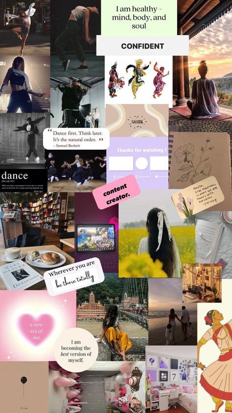 Cafe/room decor/dancing/physically fit/kathak/studying/youtube content creator/dreams/travel/self love/ temple visiting/photography/drawings/artistic/birthday/confident/ Dreamy Wallpaper, Wallpaper Vision Board, 2024 Goals, Samuel Beckett, Mary Oliver, True Happiness, Healthy Mind, Tennessee, New Era