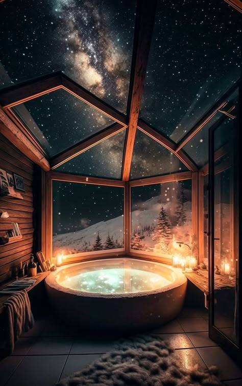 Acotar Cabin, Hottub Winter, Luxury Winter Cabin, Sauna Cabin, Fantasy Rooms, Home Decor Aesthetic, Dream Bath, Home Design Inspiration, Aesthetic Home Decor