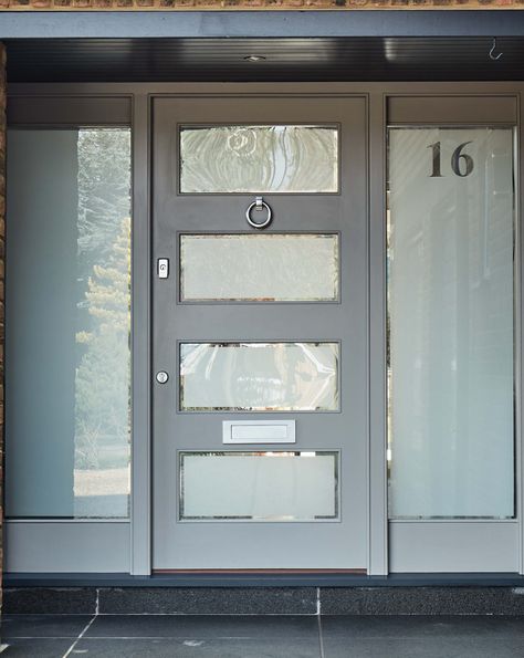 Contemporary door with multiple glazed panels and full-length sidelights. Finished with polished chrome door furniture. Full Glass Exterior Door, California Contemporary Interior, Full Glass Front Door, Grey Front Door, Glass Entrance Doors, Grey Front Doors, Front Doors Uk, Modern Entry Door, Sliding Screen Doors