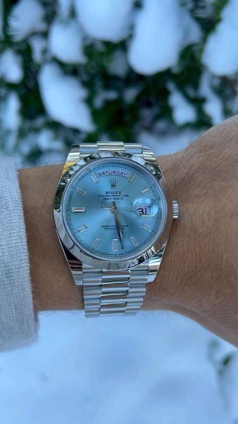 Platinum Rolex Day-Date 40 with a ice blue baguette dial Rolex Day Date Platinum Ice Blue, Rolex Day Date 40, 2025 Vision, Rolex Day Date, Rolex Daytona, Simple Things, Rolex Datejust, Ice Blue, Dusty Blue