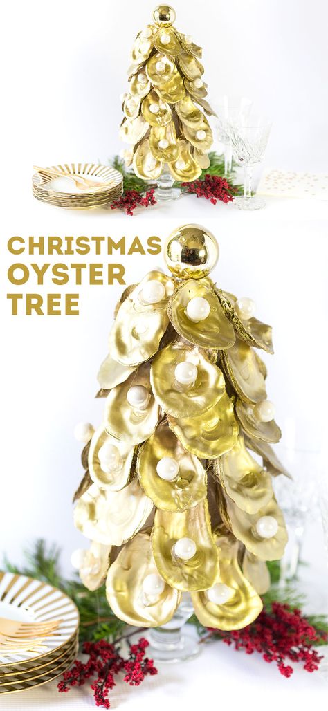 Elegant Christmas Photoshoot, Oyster Shell Christmas Tree, Oyster Christmas, Christmas Tree Tumblr, Tree Tutorial, Christmas Tree Pictures, Burlap Christmas Tree, Oyster Shell Crafts, Coastal Christmas Decor