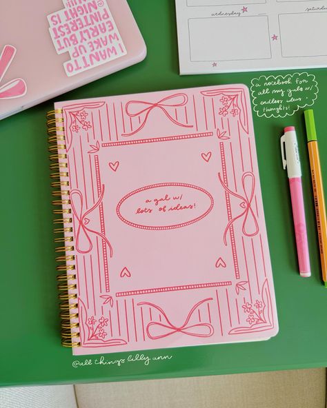 I’m so happy to be typing this!!! I finally created my DREAM notebook!!! Soft cover, the perfect size to fit in your tote bag, rounded corners, creamy paper, custom inside pages, antique gold spiral and just cuteness overload!!! A notebook for all my gals with endless ideas🌟💘💫 Launching this Friday, April 26th @ 10 am est alongggg with another notebook design that I’ll be posting this week!!! Girly Notebook, Dream Notebook, Middle School Life, School Suplies, Note Pad Design, Notebook Cover Design, Spiral Planners, Spiral Notebook Covers, Dream Book