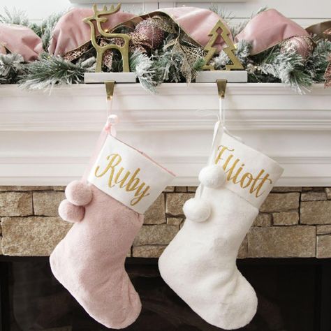 White Christmas Stockings, Frugal Christmas, Pink Christmas Decorations, Pink Fur, Christmas Plush, Holiday Home Decor, Fur Pom Pom, Christmas Girl