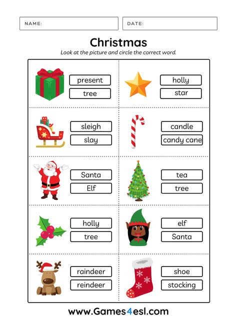 Download free printbable Christmas worksheers and use them in class today! :) Xmas Worksheets For Kids, Christmas Worksheets For Kids, Free Printable Christmas Worksheets, Christmas Worksheets Kindergarten, Xmas Activities, Christmas Worksheet, Teach English To Kids, Kindergarten Colors, Christmas Lesson