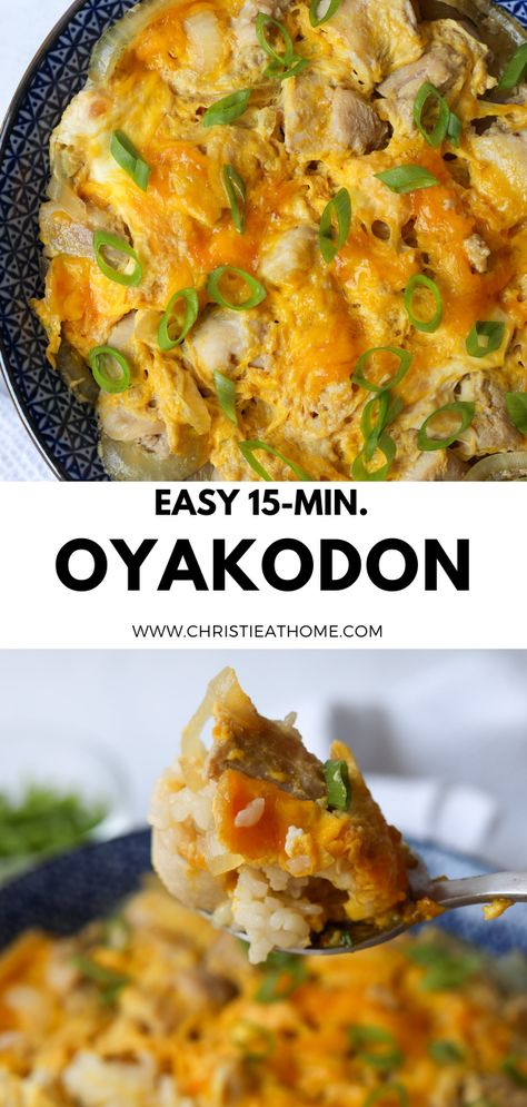 Oyakodon. A delicious, comforting Japanese chicken egg rice bowl made of chicken, soft-cooked eggs, sweet onions simmered in a flavorful broth. This is fantastic for a quick and easy meal. Japanese recipe ready in 15 minutes! Rice Breakfast Ideas, Dinner Recipes Japanese, Chicken And Egg Recipes, Chicken In Rice Cooker, Japanese Casserole, Quick Egg Recipes For Dinner, Rice Egg Recipe, Dishes With Eggs, Chicken And Eggs