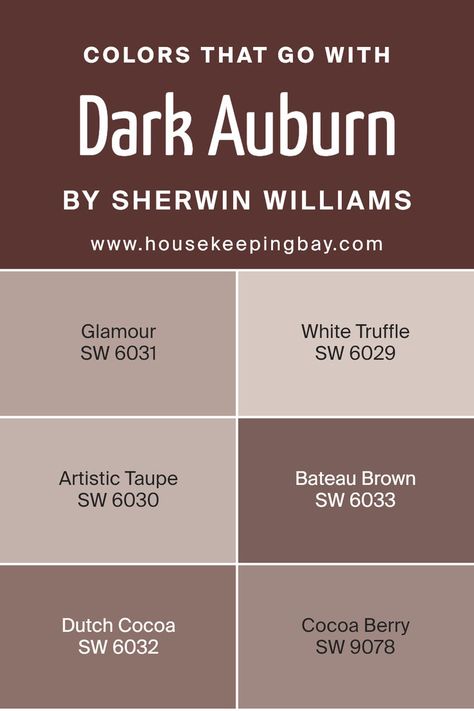 Colors that Go With Dark Auburn SW 6034 by Sherwin Williams Sherman Williams, Sherwin Williams Color Palette, Sherwin Williams White, Red Paint Colors, Dutch Cocoa, Dark Auburn, Paint Color Inspiration, Sherwin Williams Colors, Favorite Paint Colors