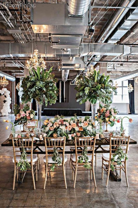 Industrial Wedding Table Setting Trending Centerpieces, Industrial Chic Wedding Decor, Industrial Wedding Table, Industrial Loft Wedding, Ceremony Space Decor, Industrial Wedding Ceremony, Chic Wedding Theme, Industrial Wedding Reception, Copper Wedding Decor