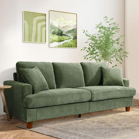 Pillows Green, Corduroy Sofa, Couches For Small Spaces, Sofa 3 Seater, Upholstered Couch, Green Couch, Soft Throw Pillows, Pull Out Sofa Bed, 2 Pillows