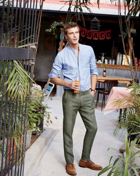 Green Pants Man Outfit, Men’s Olive Pants Outfit, Men's Green Pants Outfit, Banded Collar Shirt Men Outfit, Men Olive Pants Outfit, Men’s Green Pants, Green Khaki Pants Outfit Men, Band Collar Shirt Men Outfit, Blue And Green Outfit Men