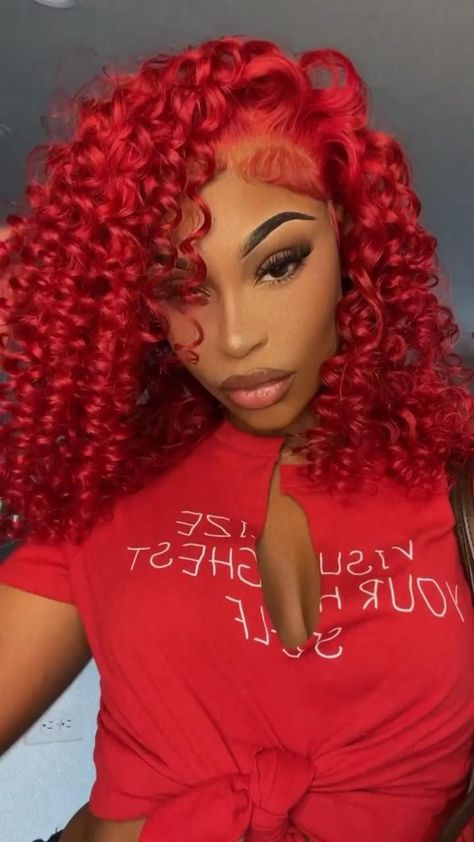 Red Middle Part Frontal Wig, Fire Red Lace Front Wigs, Red Wig Black Roots, Red Curly Flip Over Quick Weave, Red Wand Curl Wig, Red Curls Black Women, Red Wigs Hairstyles, Red Half Up Half Down Hair Black Women, Red Flip Over Quick Weave