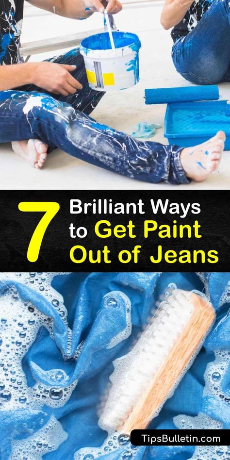 Learn how to remove paint from jeans in a few easy steps. Dab away excess paint, and treat acrylic paint and latex-paint stains with soap and warm water and launder them in the washing machine, and use turpentine, nail polish remover, or hairspray to remove oil paint. #howto #paint #jeans #remove How To Remove Paint Stains From Clothes, How To Get Paint Out Of Jeans, How To Get Rid Of Paint On Clothes, How To Get Dried Paint Out Of Clothes, How To Remove Paint From Clothes, How To Remove Dried Paint From Clothes, Removing Acrylic Paint From Clothes, Remove Acrylic Paint, Paint Jeans