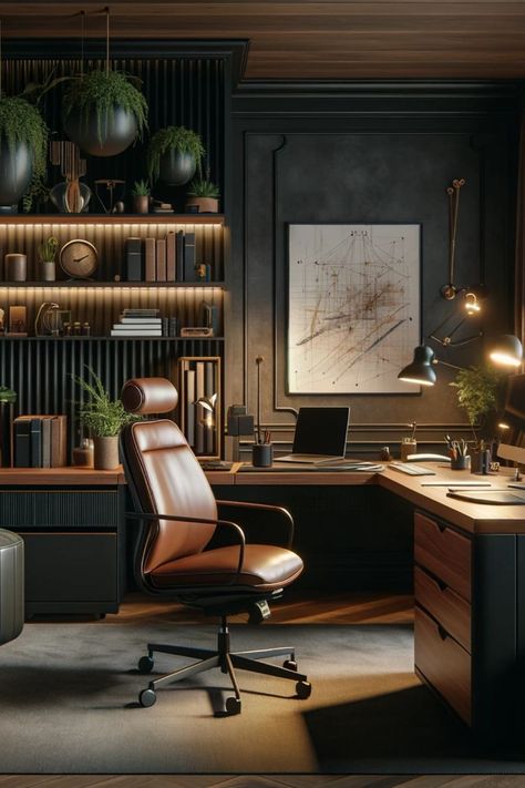 Men’s At Home Office, Tommy Shelby Office, Basement Home Office Ideas Masculine, Man's Office Ideas, Men’s Small Office, Vintage Office Ideas For Men, Wood Slat Wall Office, Home Office Ideas Masculine, Dark Green Office Ideas