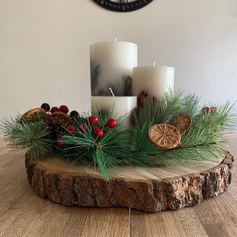 #diy #christmas #centerpieces #yule #yulelog Christmas Log Decorations, Wood Centerpieces Christmas, Yule Logs Centerpiece, Diy Yule Log Centerpiece, Yule Tablescape, Yule Table Decorations, Yule Log Diy, Yule Centerpiece, Christmas Logs Decorations