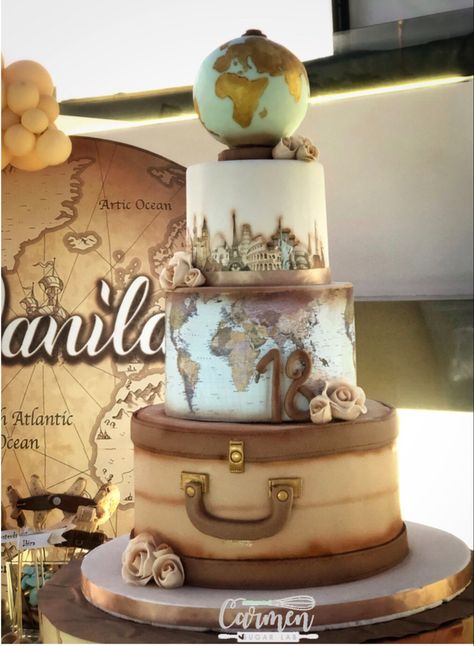 Travel Wedding Cake Ideas, Travel Cakes Birthday, Travel Theme Cake, Aviation Wedding Theme, Easter Desserts Cake, Travel Wedding Cake, Vintage Travel Party, Airplane Birthday Party Decorations, Globe Cake