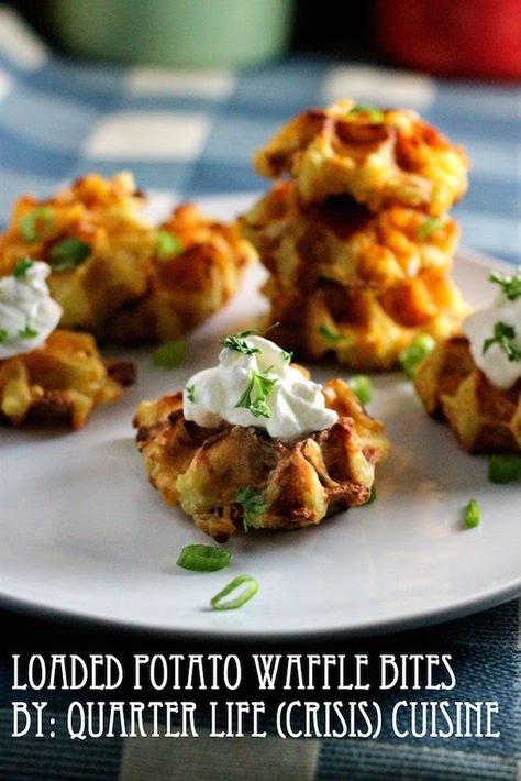 Loaded Potato Bites Vegetable Waffles, Loaded Potato Bites, Waffle Bites, Savory Waffle Recipe, Salt Recipes, Potato Appetizers, Waffle Iron Recipes, Potato Waffles, Waffle Maker Recipes