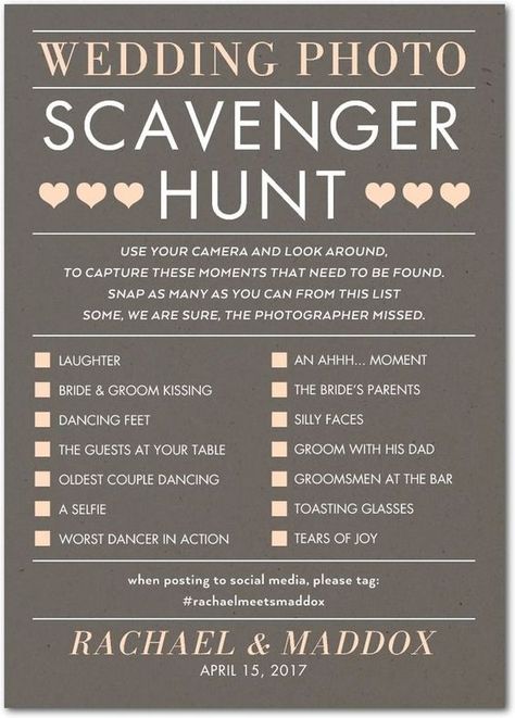 Credit - @uniqueweddingideas  Wedding scavenger hunt ideas great for the guests.   #weddingideas #weddingplanning #weddinginspiration #weddingorganising #scavengerhuntwedding #weddingphotoideas #ideasforwedding Wedding Photo Scavenger Hunt, Indoor Wedding Games, Wedding Games For Kids, Wedding Reception Activities, Wedding Games For Guests, Reception Games, Hunting Wedding, Reception Activities, Wedding Reception Games