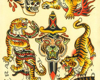 traditional tattoo flash on Etsy, a global handmade and vintage ... Traditional Tiger Tattoo, Tiger Head Tattoo, Tiger Tattoos, Tiger Tattoo Design, Tattoo Old School, Traditional Flash, Inspiration Tattoo, Tattoos Geometric, Tattoo Flash Sheet