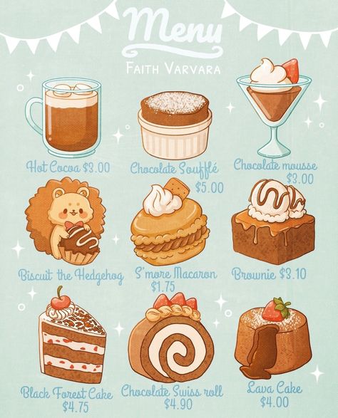 Faith Varvara, Menu Illustration, 귀여운 음식 그림, Food Artwork, Food Illustration Art, Cute Food Drawings, Cute Food Art, Lava Cakes, Food Stickers