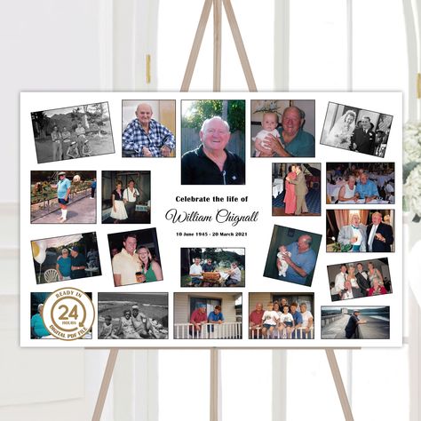 Funeral photo collage easel | celebrate the life poster welcome sign | funeral display | funeral memorial memory poster - FC11 by KatsKreatives on Etsy Celebration Of Life Picture Boards, Celebration Of Life Photo Display Ideas, Picture Boards For Funerals Ideas, Memorial Photo Board, Memory Boards For Funerals, Memorial Photo Display, Pallet Picture Display, Memorial Board, Memory Boards