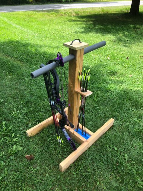 Bow Stand Diy, Bow Stand Archery, Compound Bow Holder, Sawmill Projects, Diy Archery Target, Diy Archery, Diy Hunting, Copper Plumbing, Bow Stand