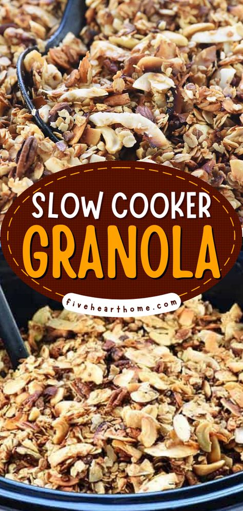 An easy snack to make in the crockpot! It's also an easy breakfast idea. Full of oats, nuts, honey, and more, this slow cooker granola recipe is not only crispy and crunchy but also wholesome and delicious! Crock Pot Granola Slow Cooker, Instant Pot Granola Recipe, Crock Pot Granola, Slow Cooker Granola, Crockpot Granola Recipes, Slow Cooker Granola Recipe, Olive Oil Granola Recipe, Oat Granola Recipe, Cereal Mixes