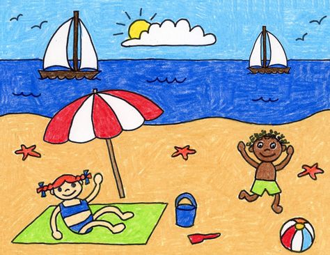 Beach Drawing Beach Art Projects, Scenery Drawing For Kids, Beach Coloring Pages, Drawing Videos For Kids, Summer Drawings, Beach Drawing, Art Projects For Kids, Tree Coloring Page, Easy Drawings For Kids