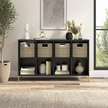 Cube Entryway Ideas, Six Cube Organizer Ideas, Black Bookcase Decor, Cube Organization Ideas, Storage Cube Ideas Living Room, Home Decor Ideas Living Room On A Budget Apartments, Cube Organizer Ideas Living Room, Black Bookcase Styling, 8 Cube Organizer Decor