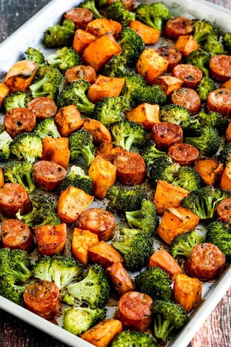 Kilbasa Sausage Sweet Potato, Roasted Sweet Potatoes Sausage And Broccoli, Sweet Potato One Pan Dinner, Sweet Potato Kielbasa Recipes, Sweet Potato Broccoli Sausage, Turkey Sausage And Broccoli Recipes, Roasted Butternut Squash And Sweet Potato Recipes, Roasted Broccoli And Butternut Squash, Sweet Potatoes And Sausage Recipes