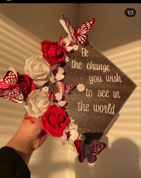 Black Cap Decoration Graduation, Graduation Cap Designs Bling, Maroon Grad Cap Ideas, Cap Gown Decoration, Decorated Caps For Graduation Aesthetic, Cap N Gown Decorations, Red Graduation Cap Ideas, Graduation Cap Designs Girly, Decorated Graduation Caps High School