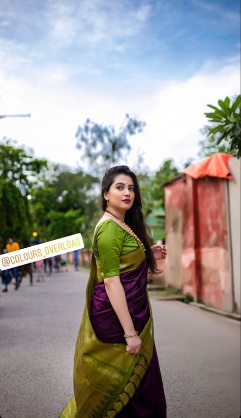 Ilkal Saree, Saree Pattu, Shaded Saree, Saree Fancy, Silk Sarees Online Shopping, Parrot Green, New Saree Blouse Designs, Traditional Blouse Designs, Purple Saree