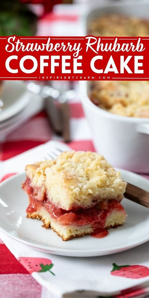 Indulge in this easy Easter dessert recipe! It will become one of your favorite spring baked goods. Not only is this Strawberry Rhubarb Coffee Cake moist, but it also has a sweet and tangy filling plus a buttery crumb topping! Strawberry Rhubarb Coffee Cake, Rhubarb Coffee Cake, Rhubarb Coffee Cakes, Fresh Rhubarb, Streusel Cake, Brunch Cake, Rhubarb Desserts, Rhubarb Cake, Rhubarb And Custard