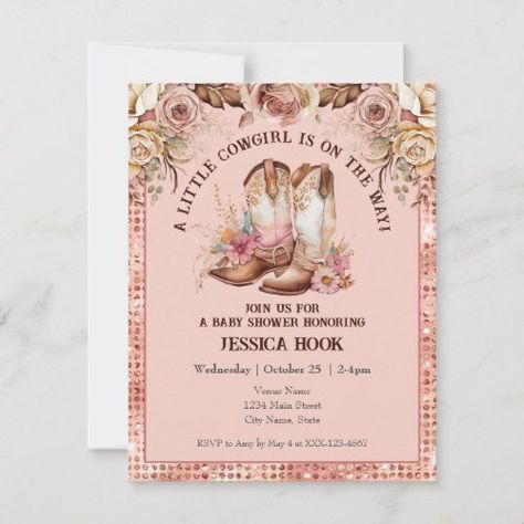 $1.73 | Western Boho Pink Floral Cowgirl Baby Shower #pink, rodeo, cowgirl boots, watercolor elegant stylish floral, western country farm, rustic western country farm outdoor, baby shower, girl baby shower party, modern chic fun design, digital download printable invites Cowgirl Baby Shower Invitations, Cowgirl Baby Shower, Cowgirl Baby Showers, Farm Baby Shower, Cowgirl Baby, Outdoor Baby Shower, Boho Baby Shower Invitations, Baby Shower Girl, Pink Baby Shower Invitations