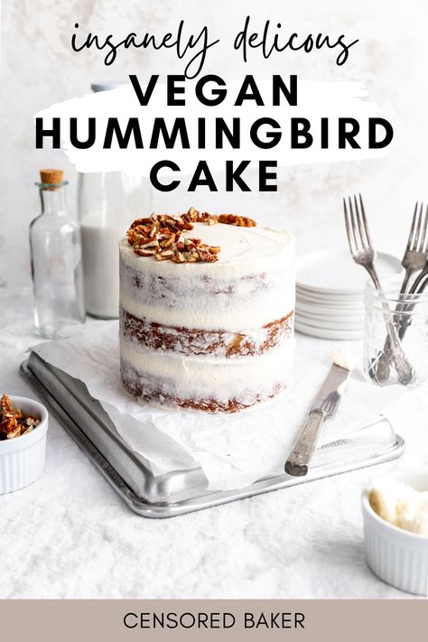 If you've never had hummingbird cake, all you need to know is bananas, pineapple, toasted pecans and cream cheese frosting. That's it. Oh! And this one it totally vegan! #vegancake #easterrecipe #easterdessert #springdessert Vegan Hummingbird Cake, Spiced Cake, Vegan Cream Cheese Frosting, Hummingbird Cake, Vegan Cake Recipes, Vegan Banana Bread, Cake Layers, Spring Desserts, Vegan Cream Cheese