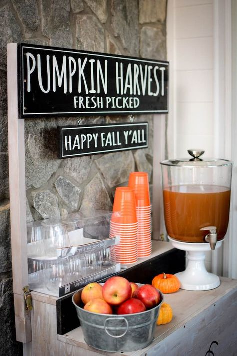 Kara's Party Ideas Backyard Fall Festival Party | Kara's Party Ideas Backyard Fall Festival, Fall Festival Food, Fall Festival Party, Fall Party Ideas, Beverage Table, Fall Festival Decorations, School Fall Festival, Harvest Festival Decorations, Big 30