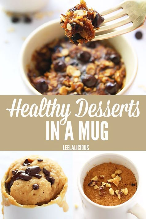 For a guilt-free quick fix of those sweet cravings try these healthy desserts in a mug. Single servings of cake, brownies and cookies that are gluten free, paleo or low carb. Desserts In A Mug, Paleo Mug Cake, Dessert In A Mug, Mug Desserts, Mug Cake Healthy, Mug Meals, Brownies And Cookies, Easy Dessert Recipes Quick, Potluck Desserts