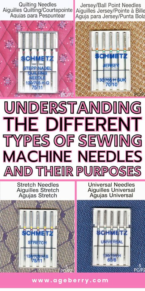 Learn the ins and outs of the various types of sewing machine needles and their specific purposes with this comprehensive sewing guide . From ballpoint needles for knit fabrics to quilting needles for multiple layers, understanding the right needle for the job is crucial for achieving professional results in your sewing projects. Dive deep into the world of sewing machine needles and elevate your stitching game. Fabric Guide For Sewing, Sewing Needles Guide, Sewing Machine Needle Guide, Quilting Needles, Sewing Machine For Beginners, Sewing Machine Beginner, Sewing Machine Tension, Sewing Guide, Sewing Machine Repair