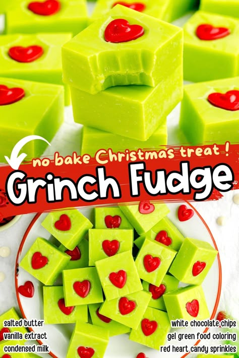 This easy Grinch Fudge recipe makes vibrant green-colored candy and adds the signature red sprinkle heart to each square. A fabulous no-bake Christmas (Grinchmas) goodie when you need fudge fast! Grinch Fudge, Chocolate Fudge Recipes Easy, Chocolate Condensed Milk, Grinch Food, Homemade Edibles, White Chocolate Fudge Recipes, Microwave Fudge, Princess Pinky Girl, White Chocolate Fudge