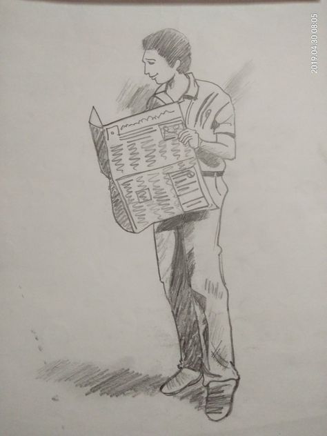 A man reading a newspaper Man Reading Newspaper Drawing, Newspaper Drawing, Reading A Newspaper, Man Reading, Art Drawings For Kids, Human Figure, School Projects, Drawing Reference, Pencil Drawings