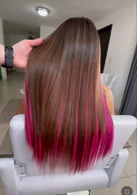 Pink Hair Brown Hair, Brown To Pink Balayage, Pink Underneath Hair, Brown Hair With Pink Highlights, Pink Hair Tips, Pink Peekaboo Hair, Brown And Pink Hair, Underdye Hair, Pink Hair Streaks