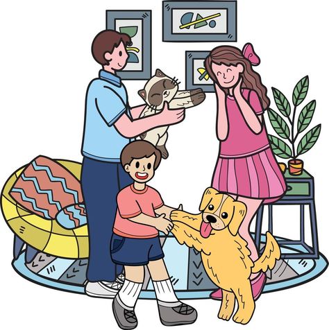 Hand Drawn Family playing with dog and cat in living room illustration in doodle style Playing With Dog Drawing, Playing With Dog, Living Room Illustration, Elementary Drawing, Dog Bedroom, Family Playing, My Pet Dog, Room Illustration, Pet Drawing