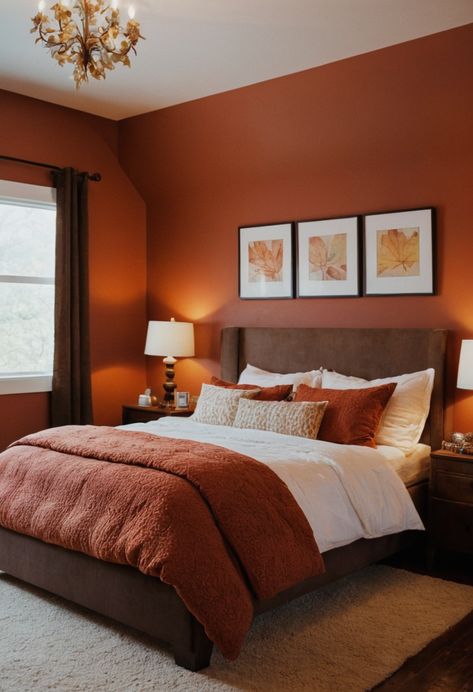 Merge coastal vibes with autumnal colors for a breezy yet warm bedroom atmosphere. Orange Wall Aesthetic Bedroom, Burnt Orange Bedroom Walls, Orange Walls Bedroom, Burnt Orange Room, Burnt Orange Rooms, Orange Bedroom Walls, Fall Bedroom Aesthetic, Burnt Orange Bedroom, Bedroom Atmosphere