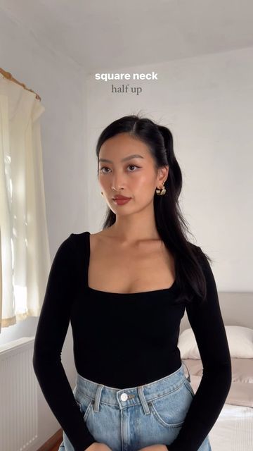 Thanya W. on Instagram: "Hairstyle neckline guide (part 3) 🤍 Do u agree?" V Neck Dress Hairstyles Hair, Hair According To Neckline, Hairstyles For Crew Neck Dress, Hairstyle For Round Neck Top, Hairstyle With Shirt, Black Dress Outfit Makeup, Hairstyles For Shirt Neckline, Hair For Square Neckline Dress, Hairstyle For Square Neckline